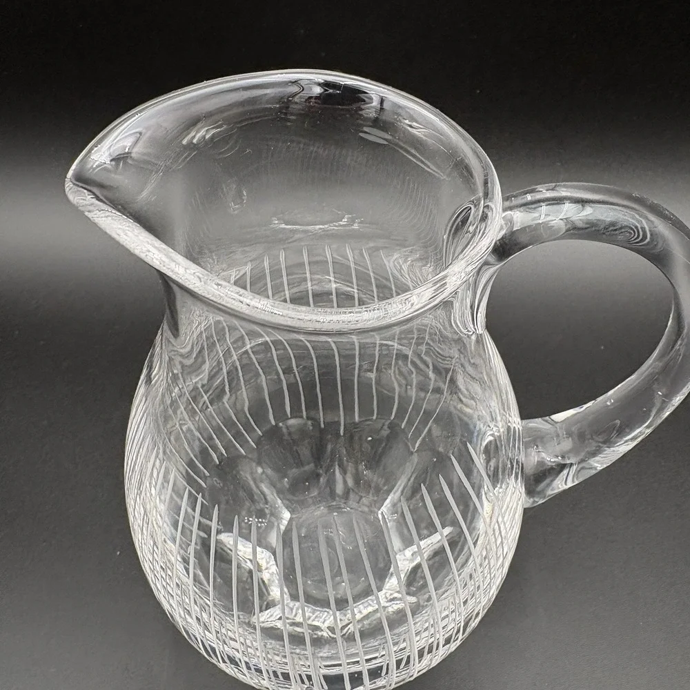 Heavy Crystal Glass Pitcher W/Octagon‎ Bottom Shape  & White Edged Lines 7